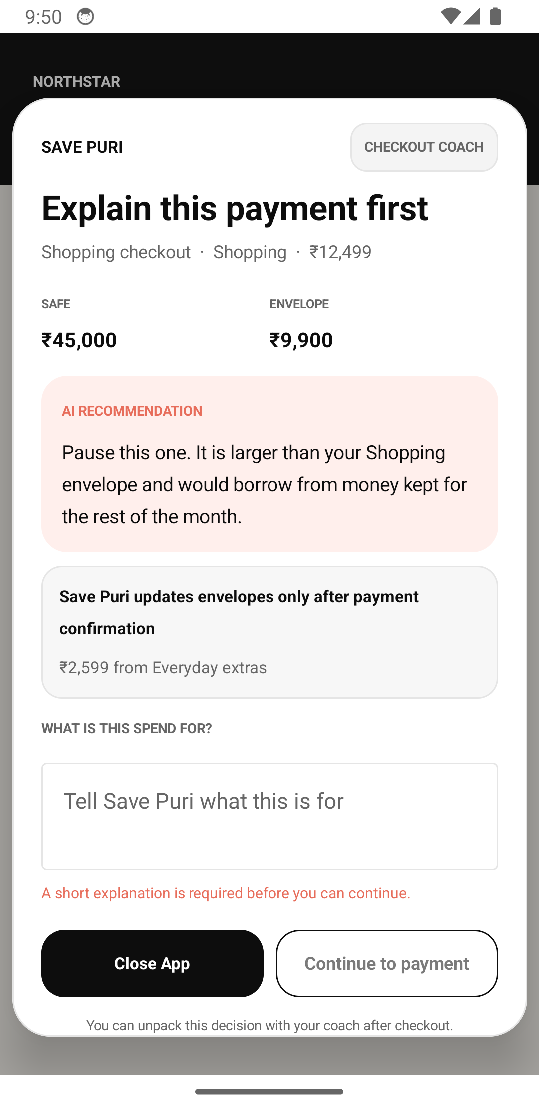Save Puri pausing a purchase before payment and showing its envelope impact
