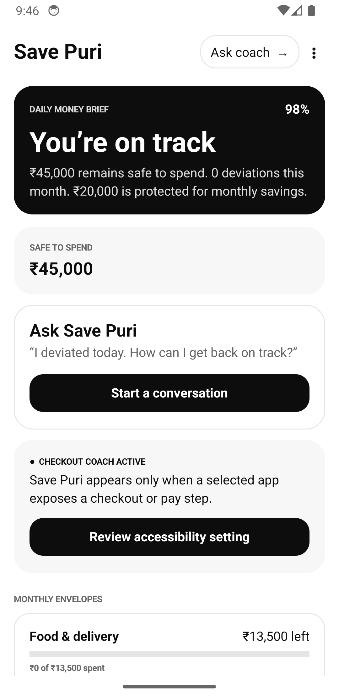 Save Puri daily money brief and monthly envelopes