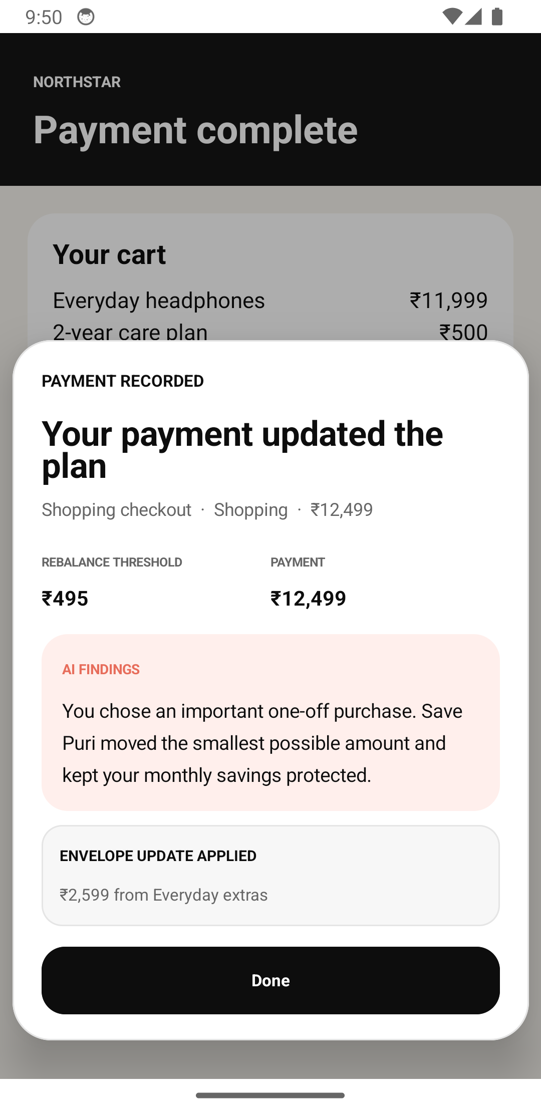 Save Puri applying an envelope rebalance after payment